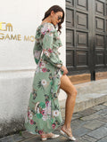 kkboxly  Bohemian Floral Print Belted Dress, Elegant V Neck Long Sleeve Dress, Casual Every Day Dress, Women's Clothing