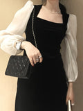 kkboxly  Color Block Lantern Sleeve Panel Dress, Chic Square Neck Split Hem Dress, Women's Clothing