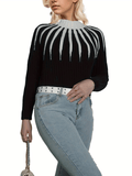 Color Block Knit Sweater, Casual High Neck Long Sleeve Ribbed Sweater, Women's Clothing