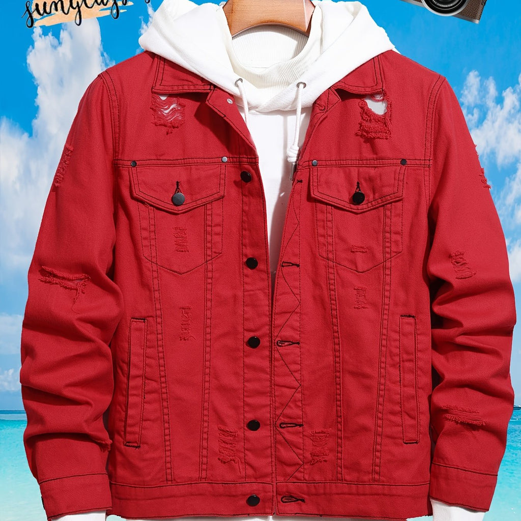 kkboxly  Men's Casual Red Ripped Denim Jacket