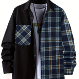 Men's Casual Cotton Stitch Plaid Button Up Shirt With Chest Pocket, Male Clothes For Spring And Fall