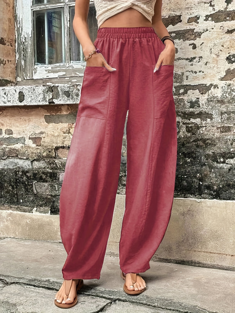 kkboxly  Boho Solid Elastic Waist Harem Pants, Casual Long Length Baggy Pants With Pockets For Spring & Summer, Women's Clothing