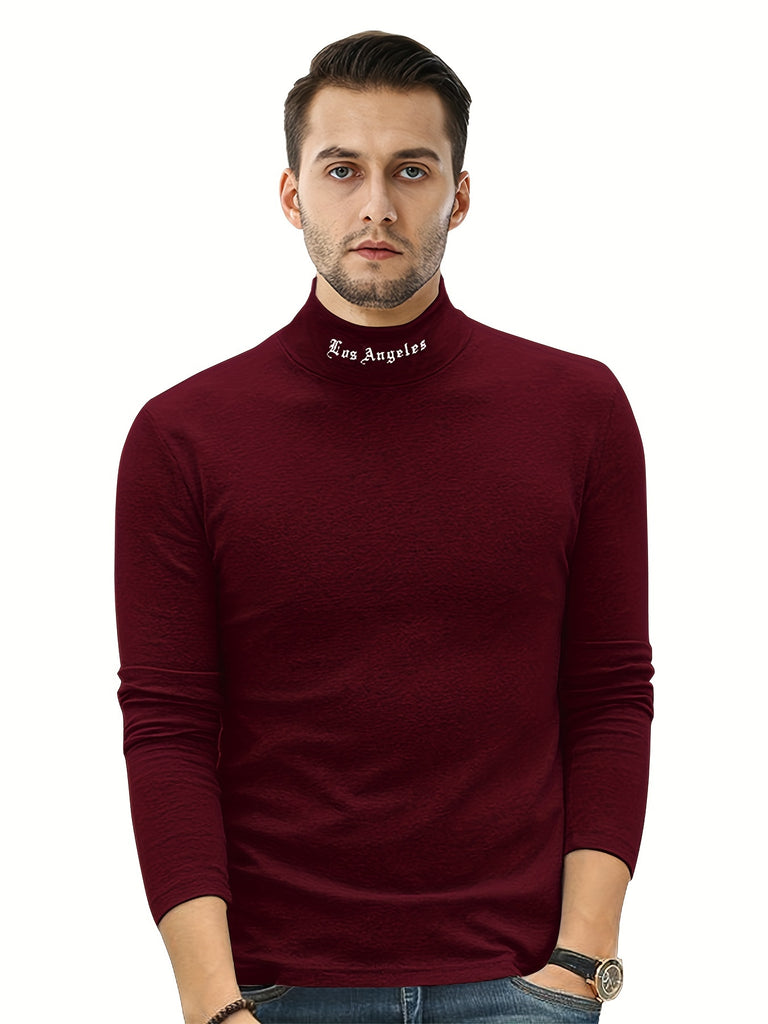 kkboxly Men's Turtleneck Long Sleeve T-Shirt, Casual Stretch Sports Tops For Spring Fall