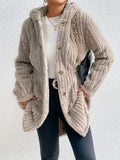 kkboxly  Button Front Hooded Teddy Coat, Casual Solid Long Sleeve Winter Warm Outerwear, Women's Clothing