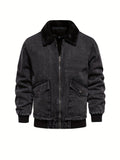 kkboxly  Warm Fleece Denim Jacket, Men's Casual Flap Pocket Jacket Coat With Fur Collar For Fall Winter