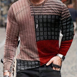 kkboxly Color Block Men's Long Sleeve Vintage Novelty T-shirt, Stylish Tees For Autumn, Mens Clothing