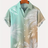 2025 kkboxly  Resort Casual Men's Hawaiian Button Up Shirt with Gradient Palm Leaf Print - Comfy Tee Top for Summer Fashion