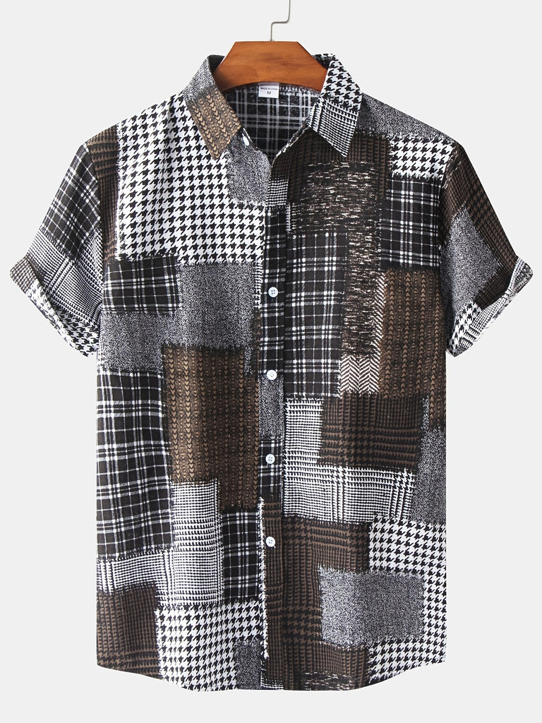 kkboxly  Men's Check Panel Contrast Color Casual Linen Short Sleeve Shirt Best Sellers
