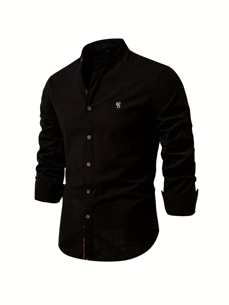 kkboxly  Solid Color Men's Cotton Long Sleeve Button Up Shirt With Stand Collar, Spring Fall