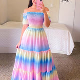 kkboxly  Gradient Print Tiered Dress, Casual Off Shoulder Shirred Party Dress, Women's Clothing