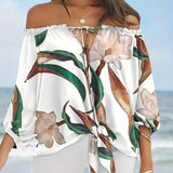 kkboxly  Plus Size Elegant Top, Women's Plus Sunflower Print Off Shoulder Drawstring Lantern Sleeve Cut Out Top
