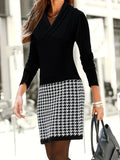 kkboxly  Houndstooth Print V Neck Dress, Casual Long Sleeve Slim Dress, Women's Clothing