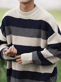 kkboxly  Men's Stylish Color Matching Knitted Pullover, Casual Breathable Long Sleeve Crew Neck Top For City Walk Street Hanging Outdoor Activities