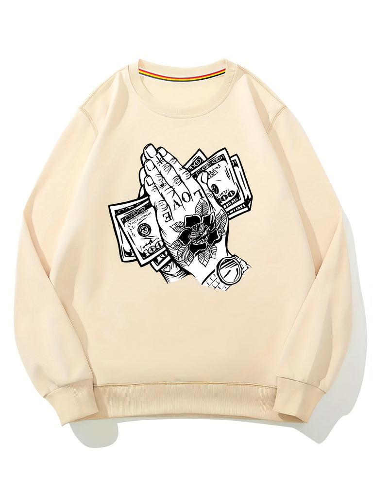 kkboxly  Cartoon Praying Hands With Money Print Sweatshirt, Men's Casual Graphic Design Slightly Stretch Crew Neck Pullover Sweatshirt For Autumn Winter