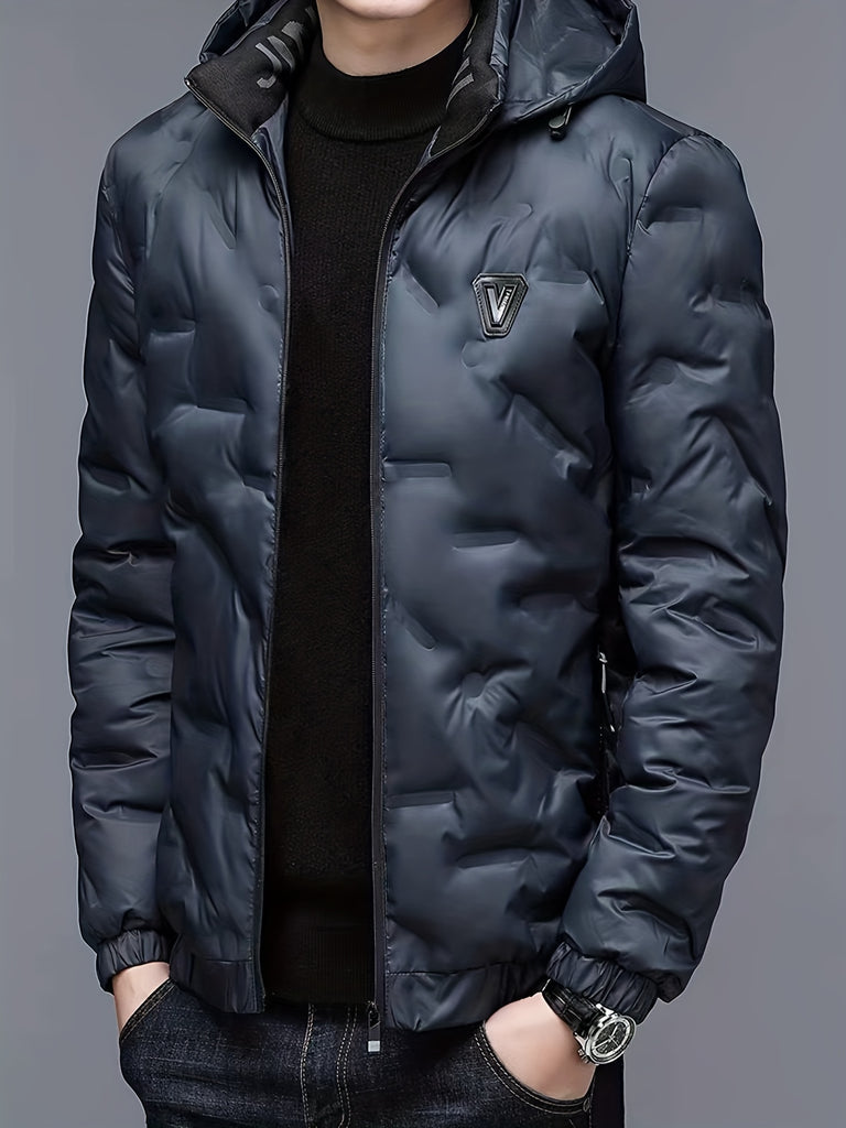 kkboxly Men's Padded Hooded Jacket, Men Casual Padded Coat Windbreaker Zipper Pocket Stand Collar For Men Winter