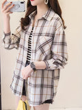 kkboxlyPlaid Pocket Drop Shoulder Shirt, Button Long Sleeve Shirt, Casual Every Day Tops, Women's Clothing
