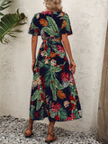 kkboxly  Tropical Print Vacation Two-piece Set, V Neck Flutter Sleeve Tops & High Waist Midi Skirts Outfits, Women's Clothing
