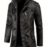 kkboxly  Vintage Style PU Jacket, Men's Casual Warm Fleece Zip Up Faux Leather Jacket