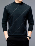 kkboxly  Men's Stylish Loose Stripe Pattern Knitted Sweater, Casual Breathable Long Sleeve Crew Neck Top For City Walk Street Hanging Outdoor Activities