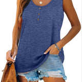 kkboxly  Button Down Sleeveless Cami Top, Solid Crew Neck Casual Fashion Sleeveless Loose Fit Tank Top, Women's Clothing
