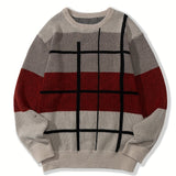 All Match Knitted Color Block Sweater, Men's Casual Warm Slightly Stretch Crew Neck Pullover Sweater For Men Fall Winter