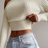 kkboxly  Ribbed Asymmetrical Neck Knit Crop Sweater, Sexy Cold Shoulder Long Sleeve Pullover Sweater, Women's Clothing