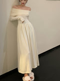 kkboxly  Solid Off Shoulder Aline Dress, Elegant Ruffle Hem Long Sleeve Slim Dress For Spring & Fall, Women's Clothing