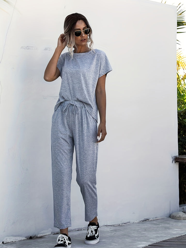 kkboxly  Casual Solid Pantsuits Two-piece Set, Short Sleeve Round Neck Tops & Drawstring Cropped Pants Set, Women's Clothing