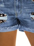 Leopard Patchwork Jean Shorts, Ripped & Repaired Relaxed Fit Raw Folded Hem Denim Boy Shorts, Women's Clothing