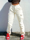 kkboxly  Flap Pockets High Waist Cargo Pants, High Rise Straight Legs Denim Pants, Y2K & Kpop Style, Women's Denim Jeans & Clothing