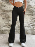 kkboxly  Solid Color Flare Leg Pants, Casual Elastic Waist Loose Pants, Women's Clothing