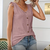 2025 kkboxly  Eyelet Drawstring Tank Top, Elegant Crew Neck Button Front Summer Sleeveless Top, Women's Clothing