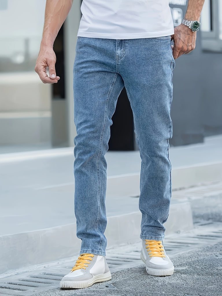 kkboxly  Straight Leg Cotton Jeans, Men's Casual Street Style Classic Design Solid Color Mid Stretch Denim Pants For Spring Summer