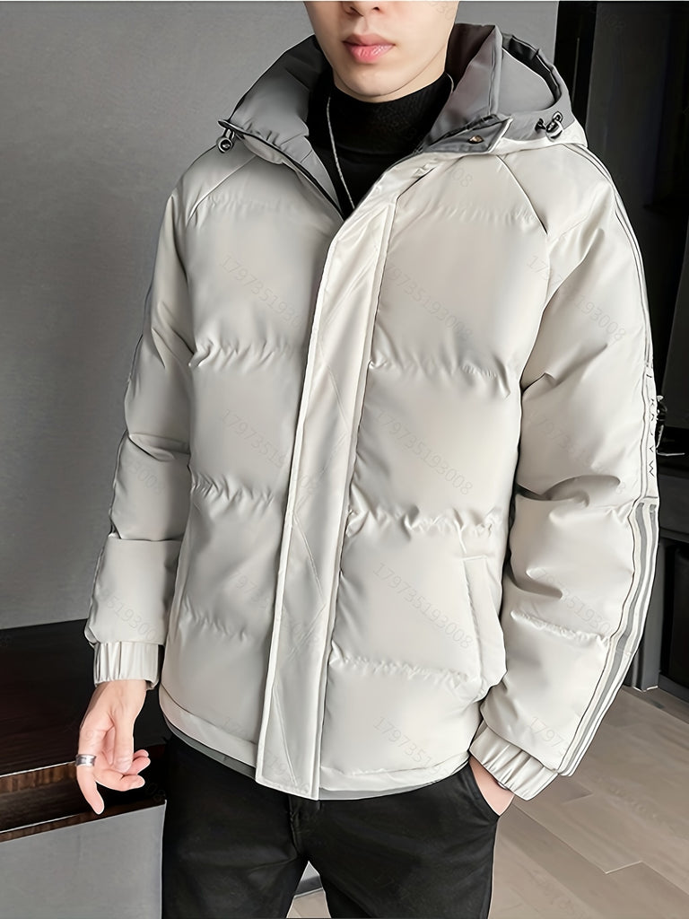 kkboxly Classic Design Warm Hooded Jacket, Men's Casual Solid Color Zip Up Cotton Padded Jacket For Fall Winter Outdoor