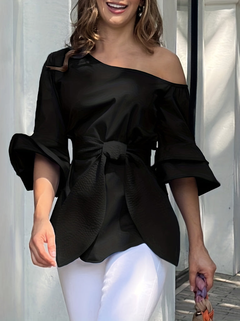 kkboxly  Solid Slanted Shoulder Blouse, Elegant Bow Tie Layered Blouse, Women's Clothing