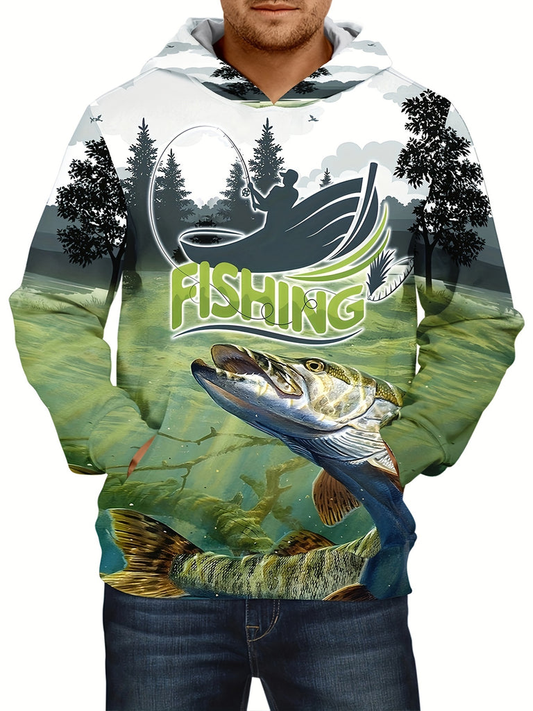Plus Size Men's 3D Fish & Field Print Hoodies Fashion Casual Hooded Sweatshirt For Fall Winter, Men's Clothing
