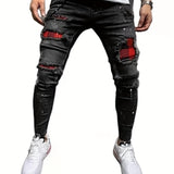 Slim Fit Ripped Cotton Jeans, Men's Casual Street Style Paint Splatter Chain Decor Distressed Mid Stretch Denim Pants For Spring Summer