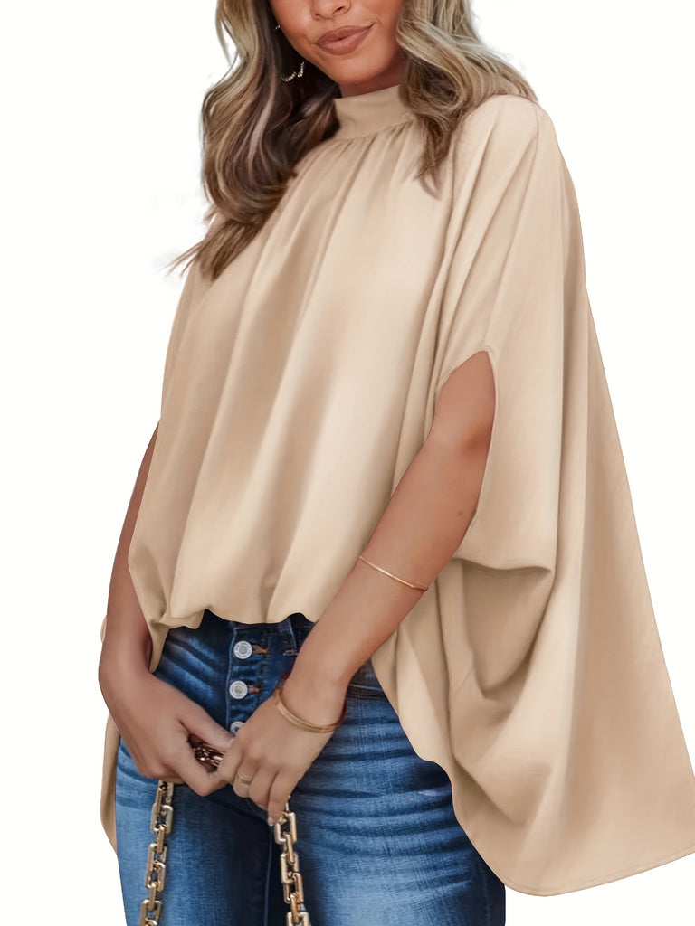 kkboxly  Solid Batwing Sleeve Blouse, Casual Ruched High Collar Loose Blouse, Women's Clothing