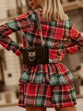 kkboxly Plaid Pattern Layered Dress, Vintage Crew Neck Long Sleeve Dress, Women's Clothing