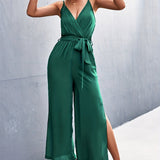 kkboxly  Boho Split Wide Leg Cami Jumpsuit, Sexy V-neck Backless Belted Jumpsuit, Women's Clothing