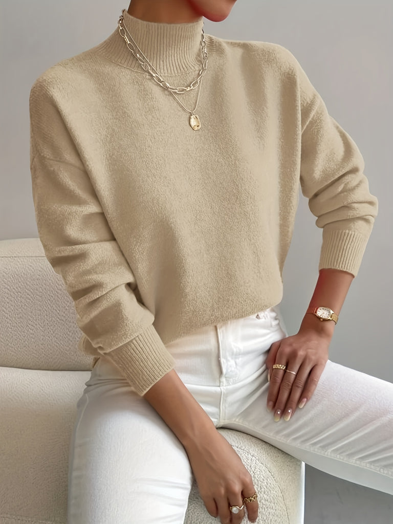 kkboxly  Solid Mock Neck Knit Sweater, Casual Drop Shoulder Long Sleeve Sweater, Women's Clothing