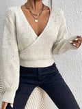 kkboxly  Solid Surplice Neck Knit Sweater, Casual Long Sleeve Sweater, Women's Clothing