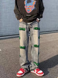kkboxly  Embroidery Cotton Baggy Jeans, Men's Casual Creative Street Style Denim Pants For Spring Summer