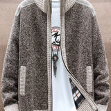 Men's Full Zip Up Casual Stand Collar Cardigan, Regular Fit Knitted Sweater Jacket Coat With Pockets For Winter Fall