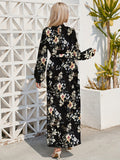 kkboxly  Floral Print Tie Waist Long Sleeve Dress, Crew Neck Casual Dress For Summer & Spring, Women's Clothing