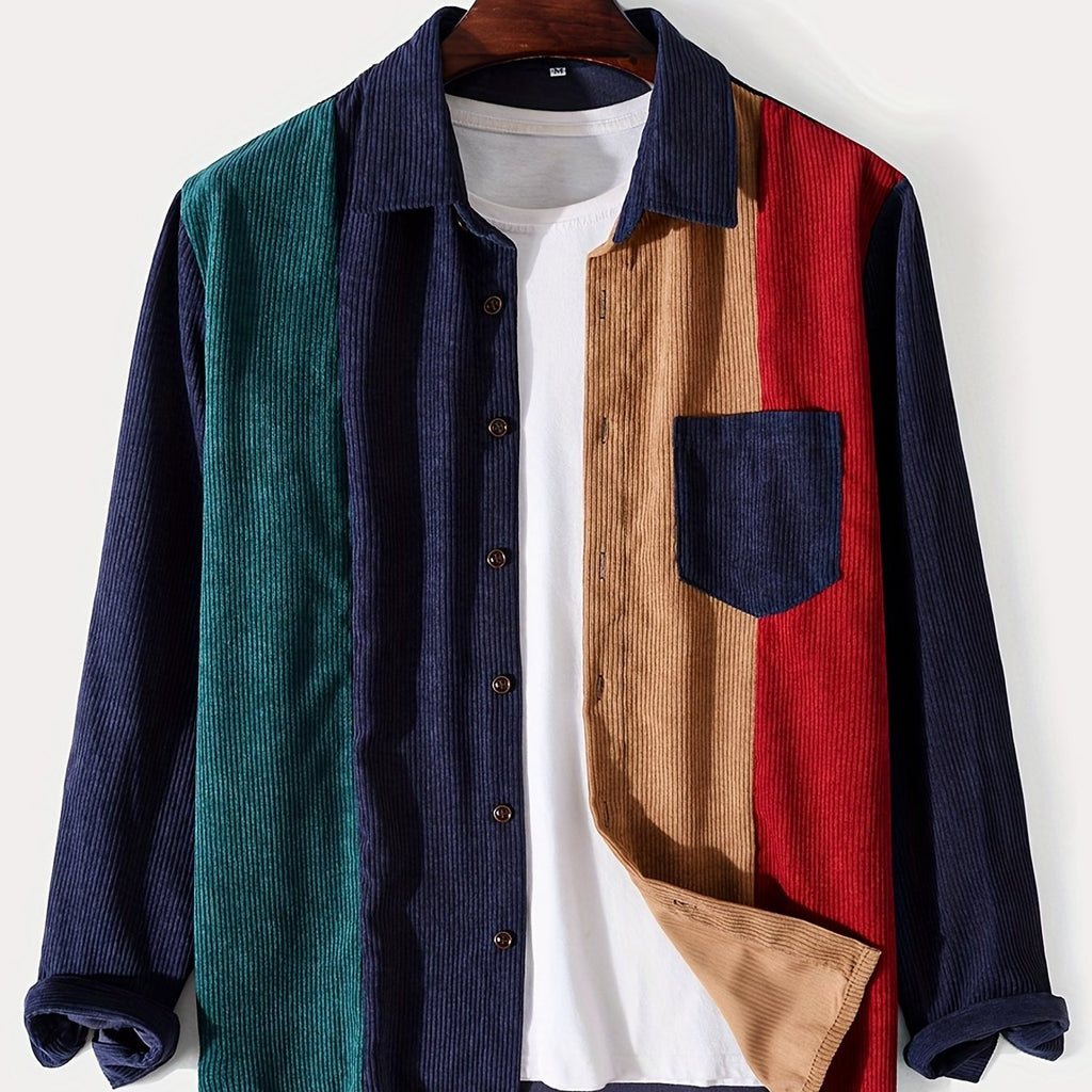 kkboxly  Fashionable And Simple Men's Long Sleeve Multicolor Patchwork Casual Lapel Simple Jacket, Trendy And Versatile, Suitable For Dates
