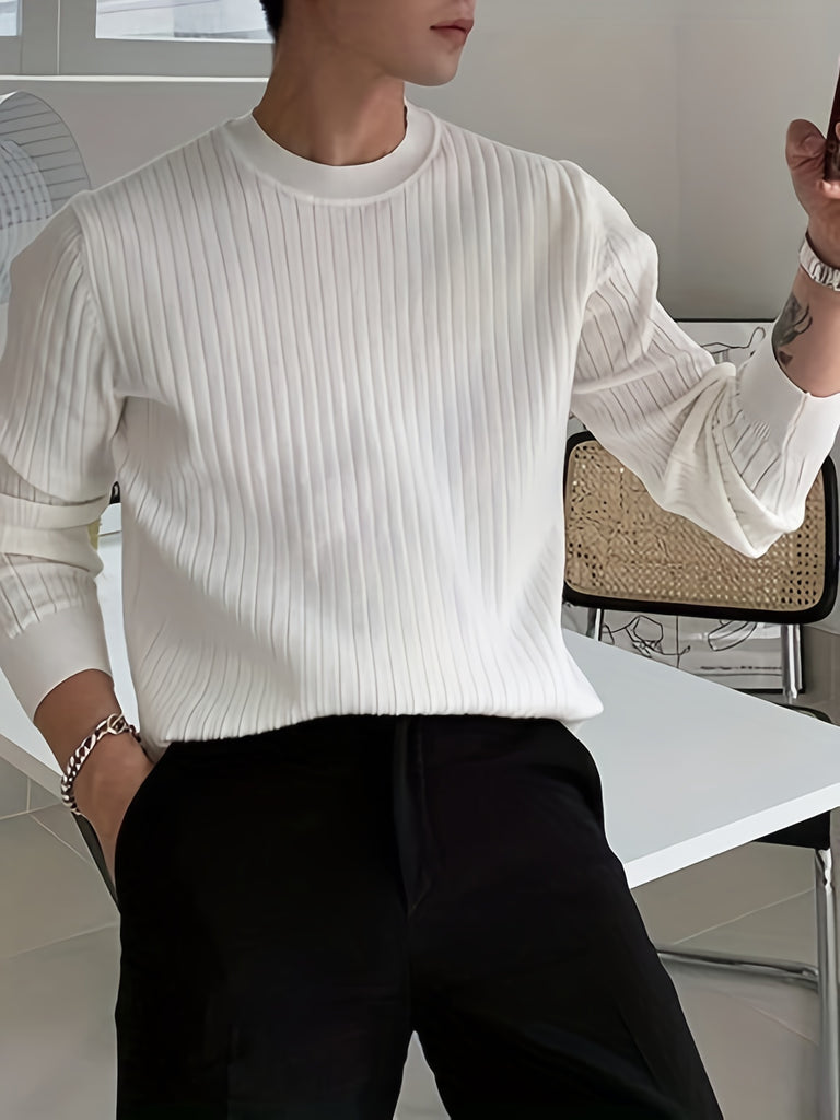 kkboxly  Men's Fashion Long Sleeve Solid Knitted Sweater, Men's Pullover For Autumn Winter