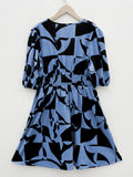 kkboxly  Geometric Print Ruched Dress, Casual Plunging Puff Sleeve Dress For Spring & Summer, Women's Clothing