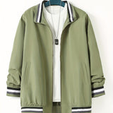 kkboxly  Plus Size Men's Trendy Casual Zipper Stand Collar Pocket Jacket, Solid Color Long Sleeve Stripe Pattern On The Bottom Coat Loose Oversized