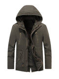 kkboxly  Men's Solid Warm Fleece Hooded Jacket, Casual Multi Pocket Cargo Jacket For Fall Winter Outdoor Activities